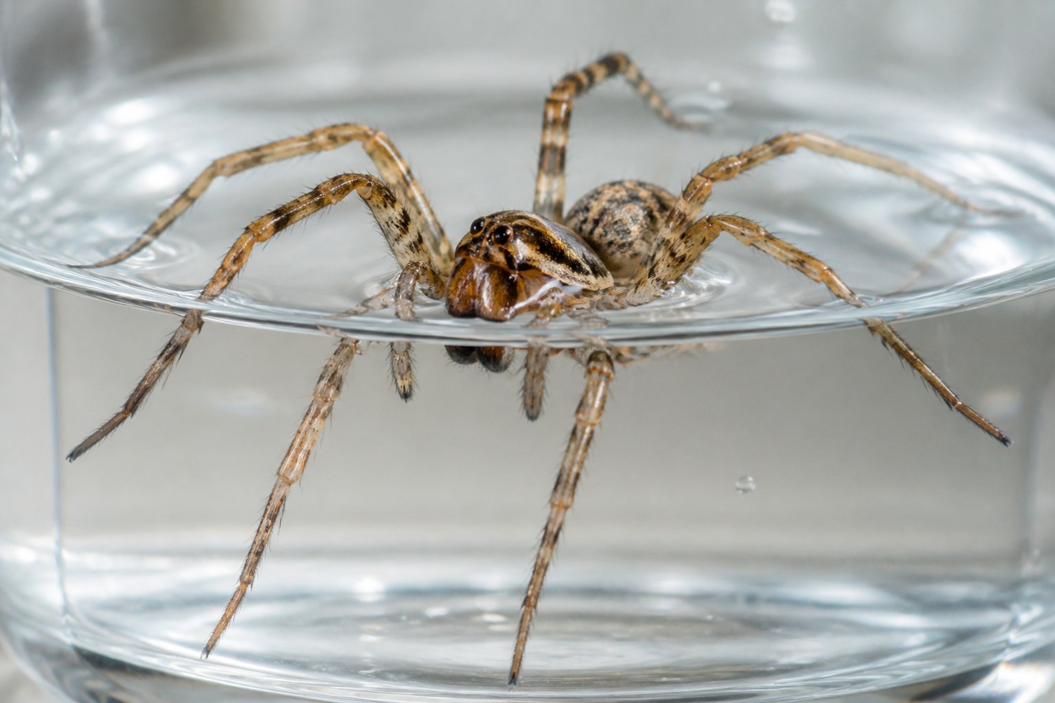 A close-up of a small spider partially submerged in clear water inside a glass container.