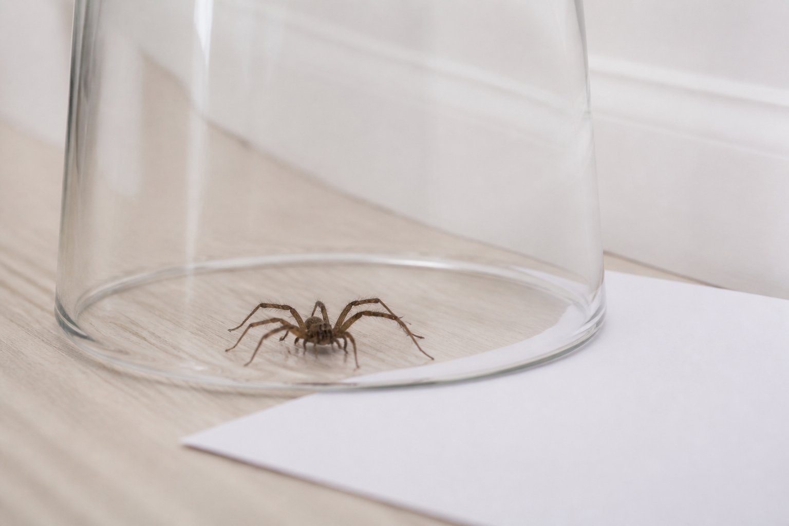 A small spider indoors trapped under a clear glass jar with a piece of paper nearby on a wooden floor.