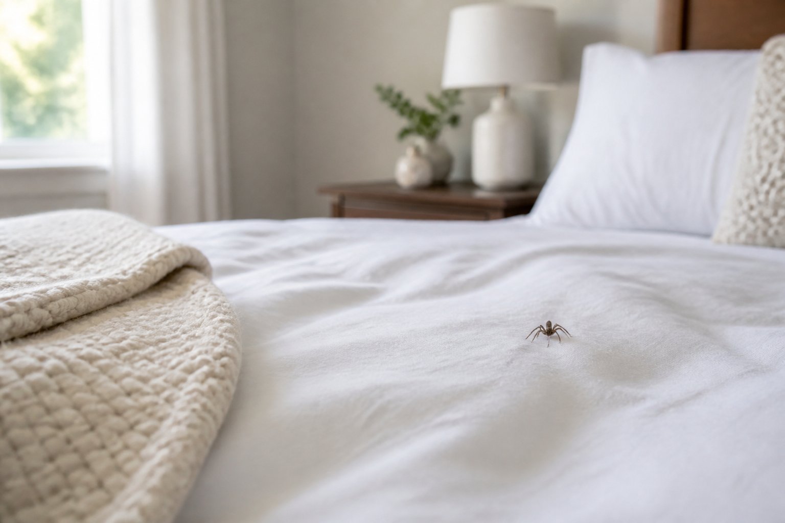 A small spider crawling on a neatly made bed with white sheets in a bright bedroom.