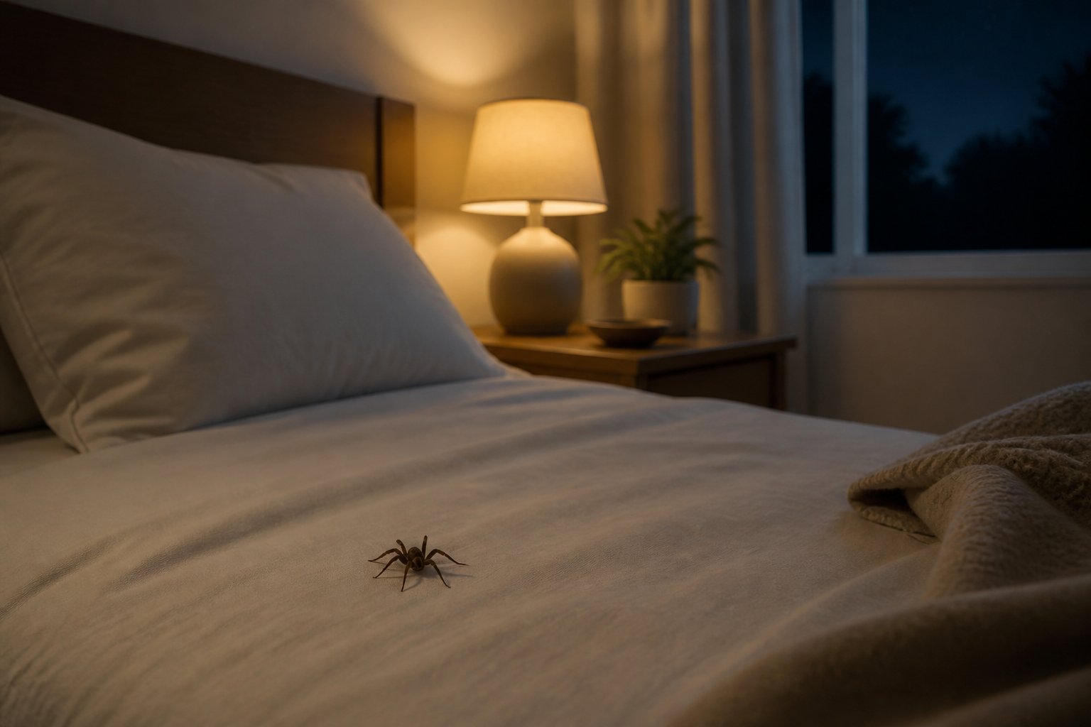 A cozy bedroom at night with a neatly made bed and a small spider visible on the bed.