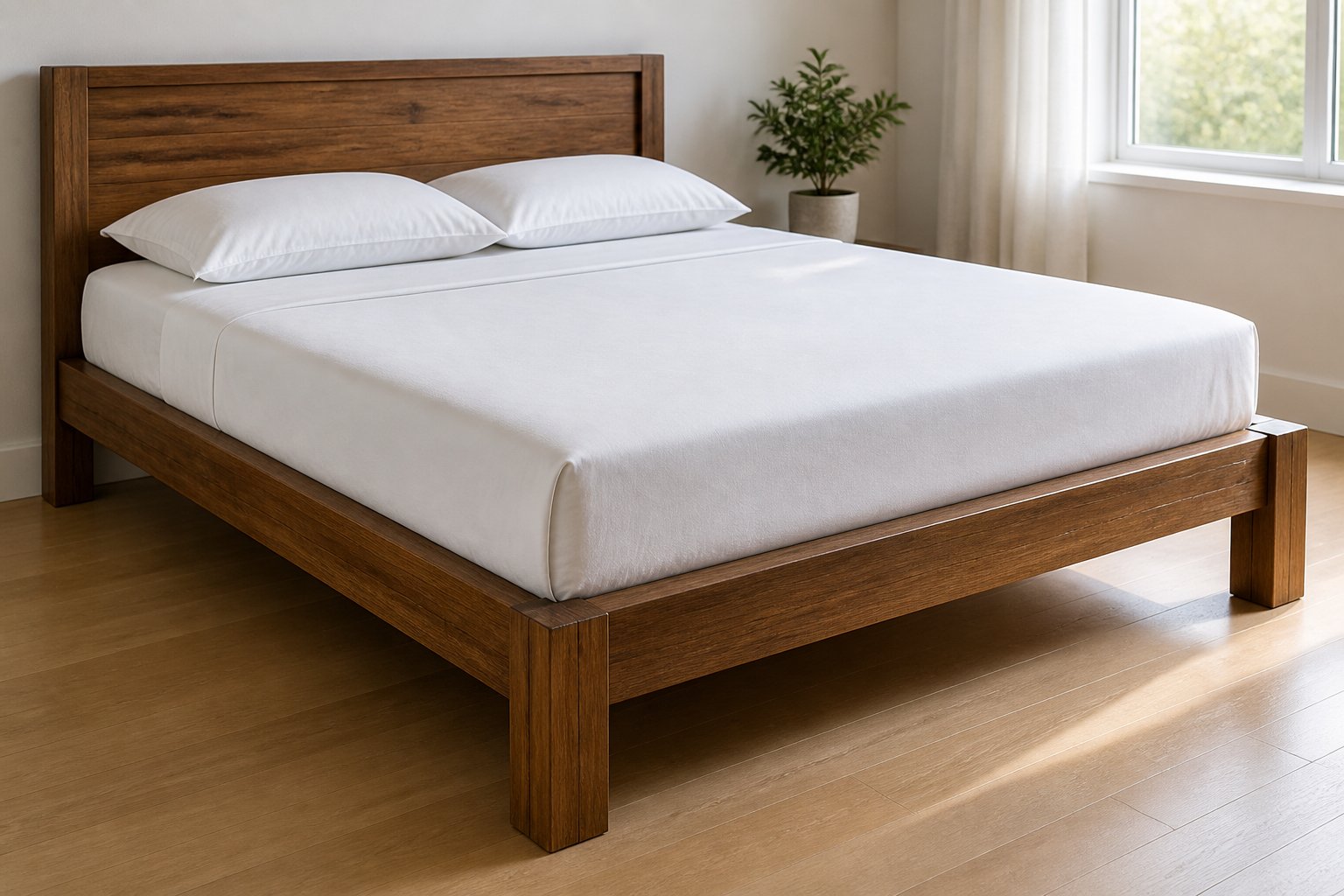 A neatly made bed with white sheets and a sturdy wooden frame in a clean, sunlit bedroom.