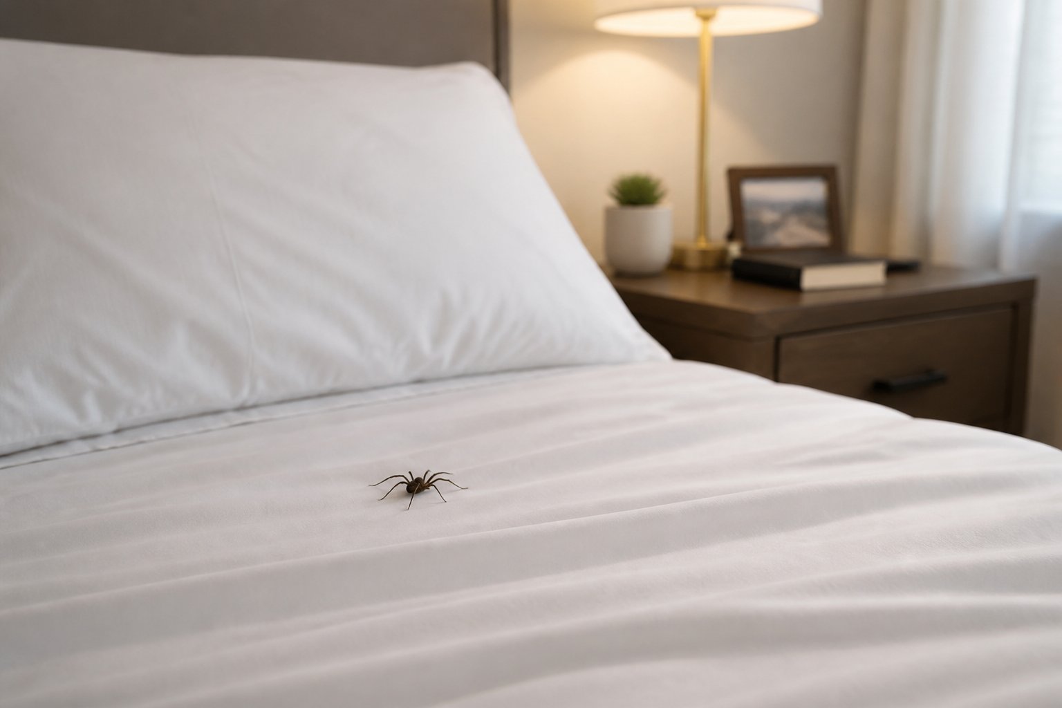 Close-up of a bed with a small spider on the white sheets near the pillow in a softly lit bedroom.