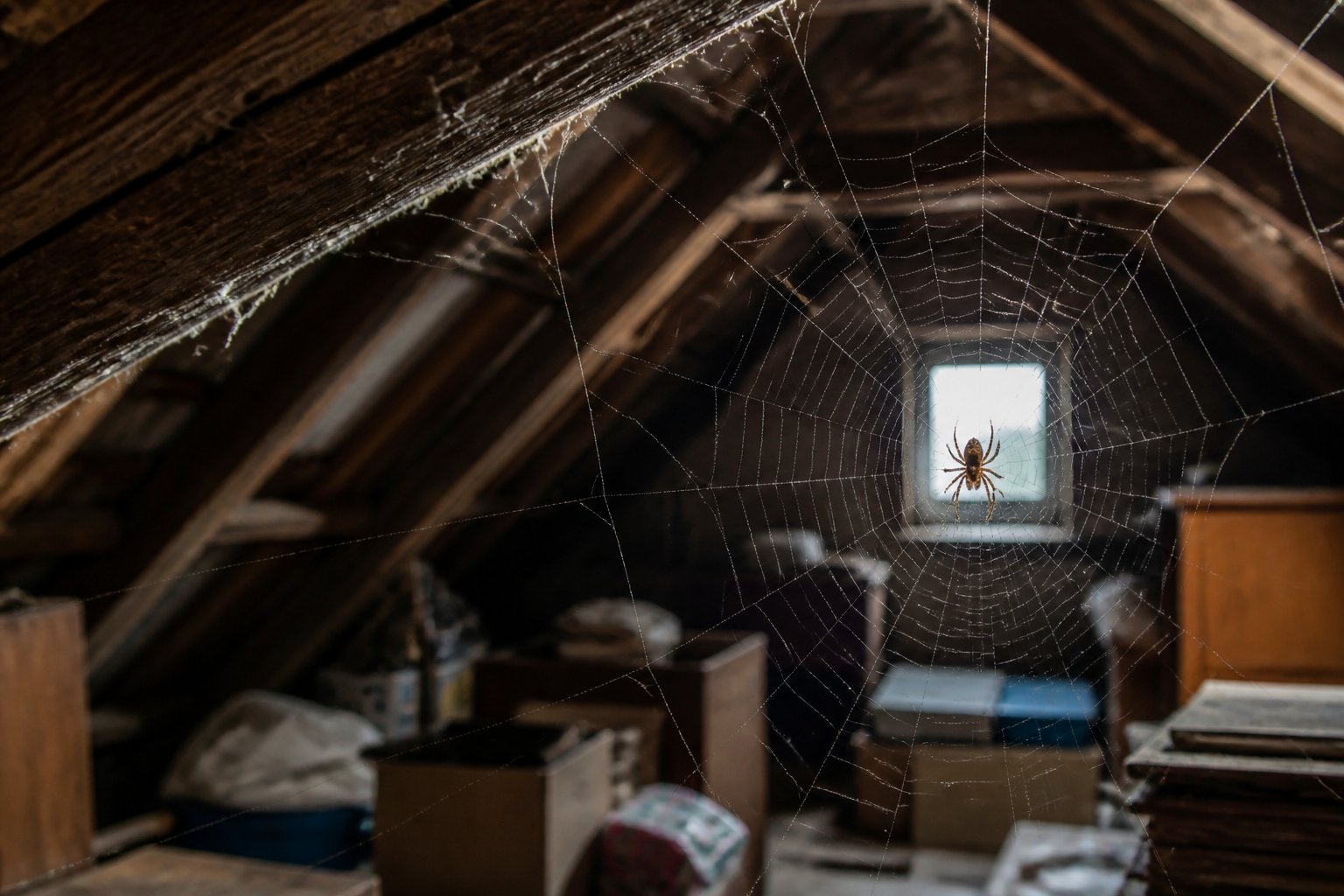 Interior of a residential attic with wooden beams, cobwebs, and a spider on its web in a dimly lit space.