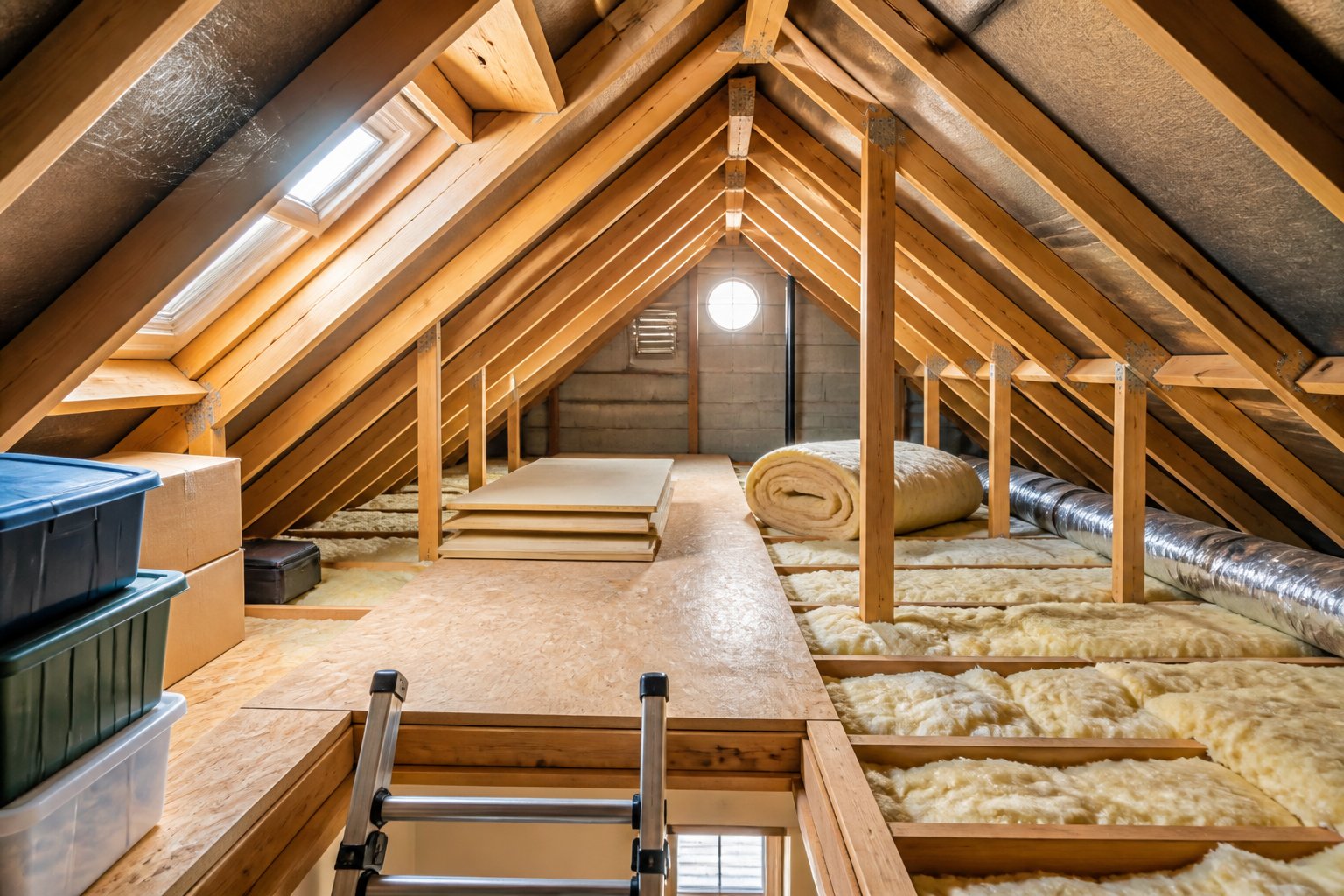 Interior view of a clean residential loft with wooden beams, storage boxes, and subtle spider webs in the corners.