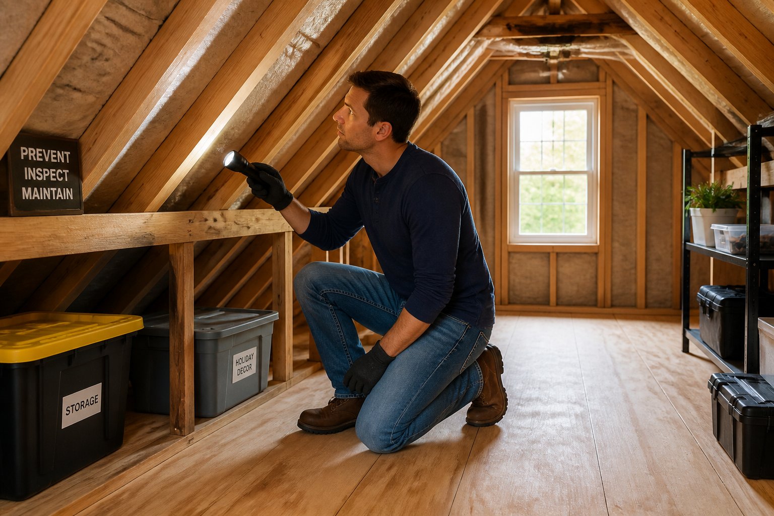 Person inspecting a clean attic with wooden beams and insulation using a flashlight.