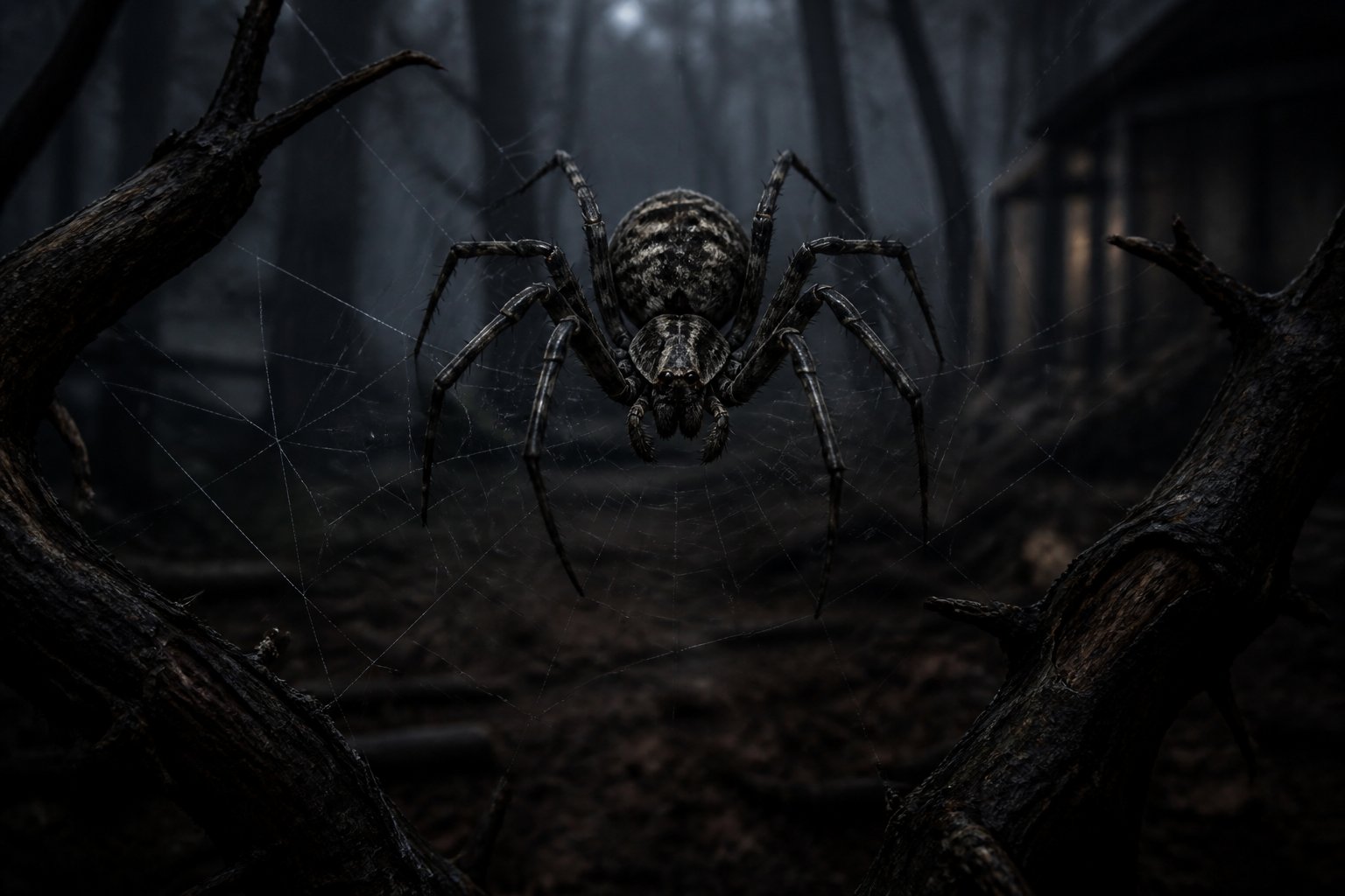 A large spider on a web in a dark, foggy forest with twisted trees and decaying leaves.
