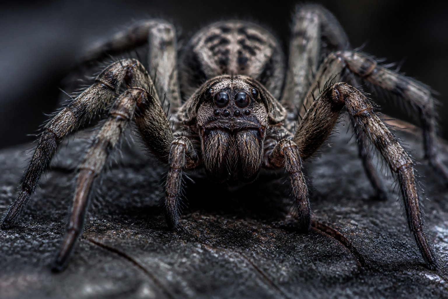 Close-up of a large spider on a dark surface with blurred background.