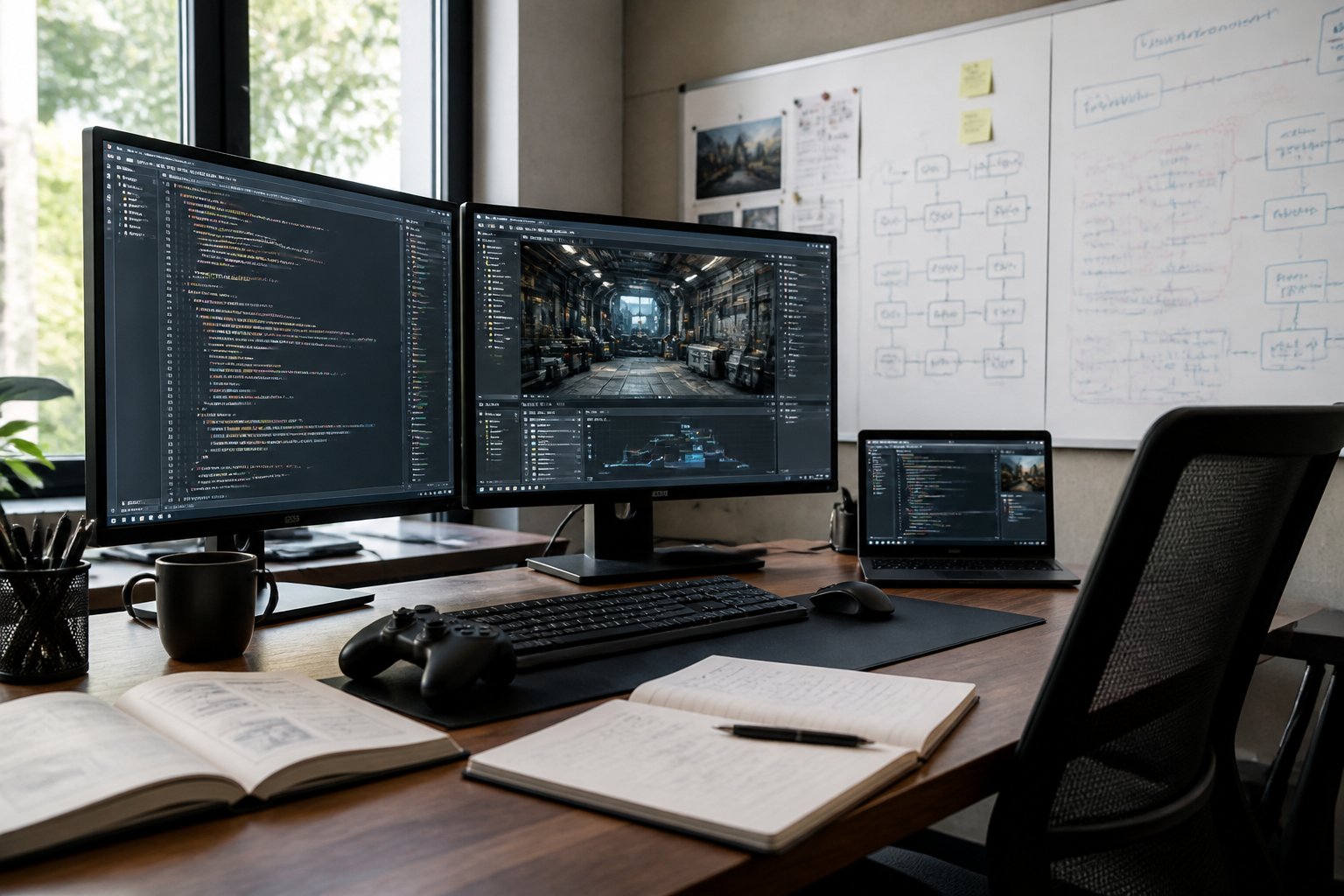 A modern workspace with a computer setup showing coding and game development software, a gaming controller on the desk, and a whiteboard with diagrams in the background.