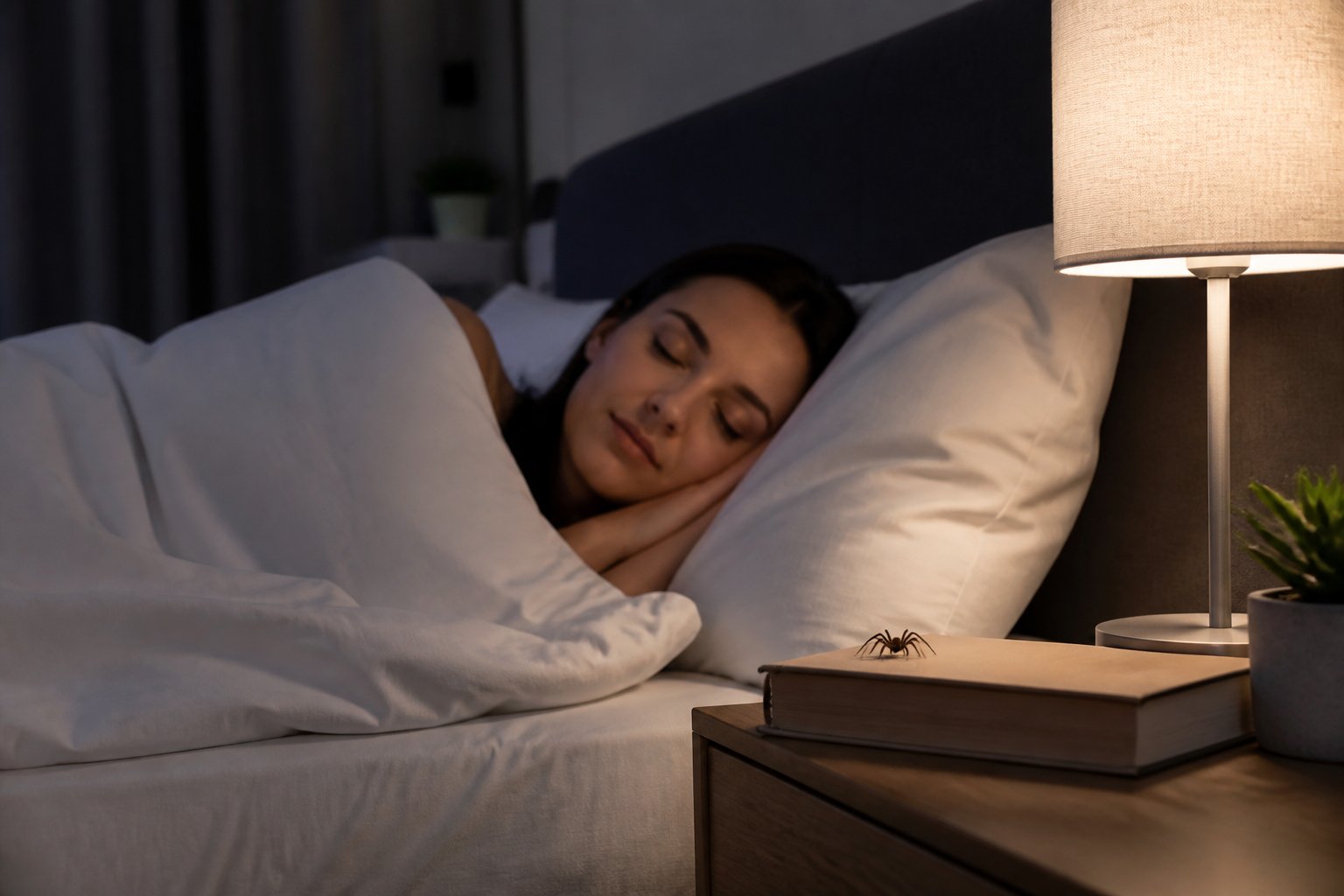 A person sleeping peacefully in a neatly made bed at night with a small spider on the bedside table nearby.