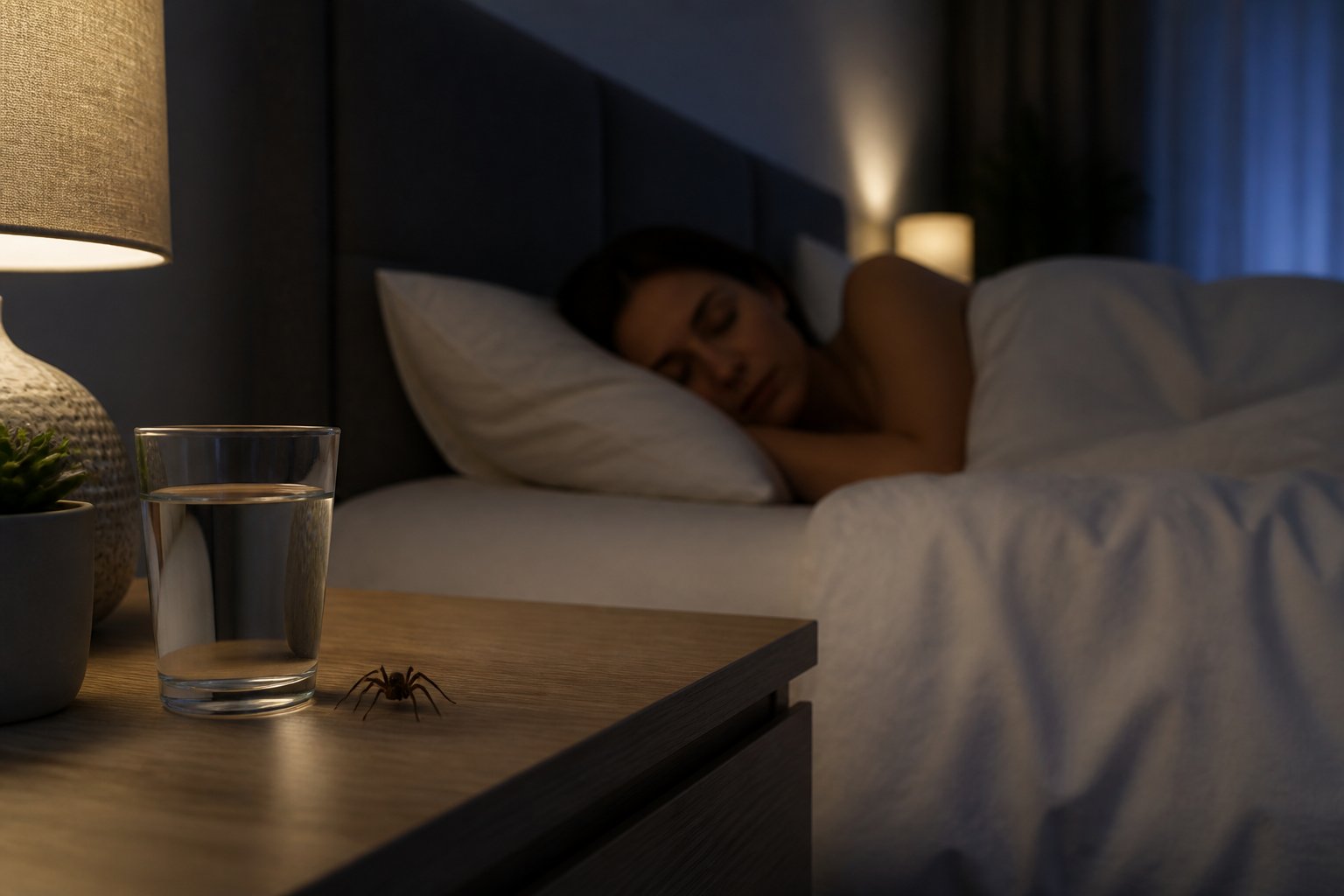 A peaceful bedroom at night with a person sleeping and a small spider crawling on the bedside table nearby.