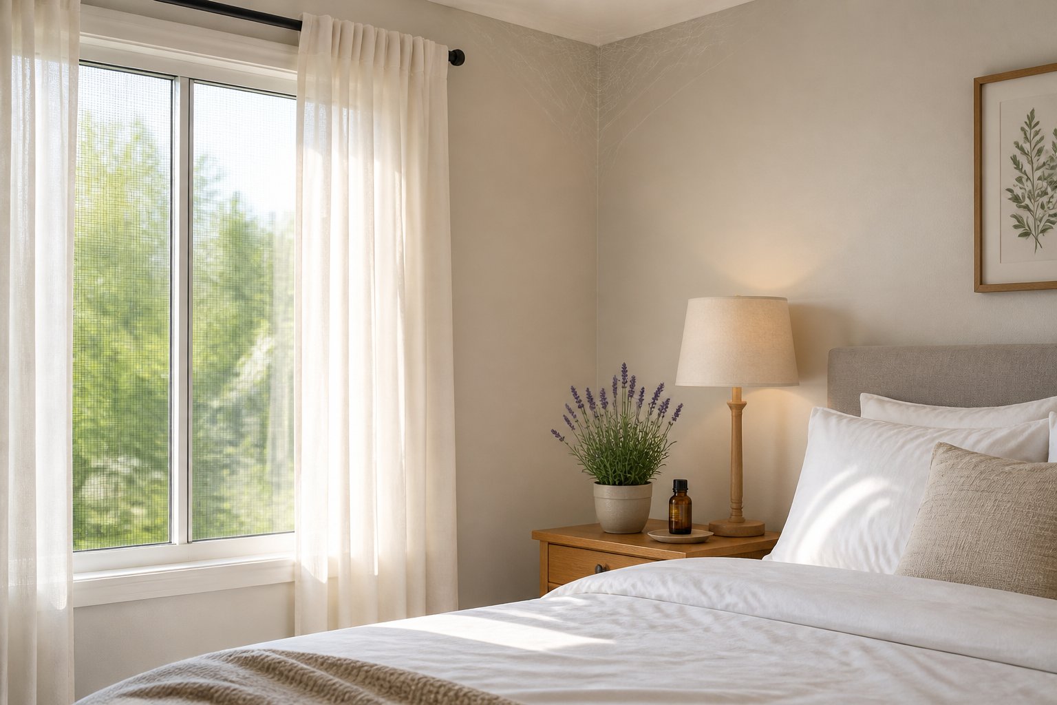 A clean bedroom with a neatly made bed, a bedside table with a small plant, and a closed window with a mesh screen, showing a peaceful and spider-free environment.