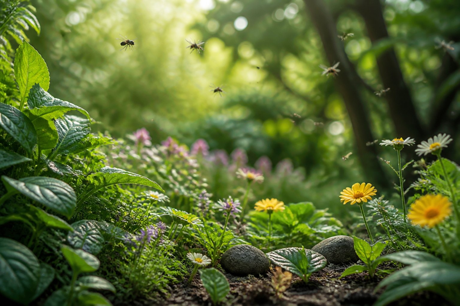 A green garden scene with plants and insects but no spiders or spider webs.
