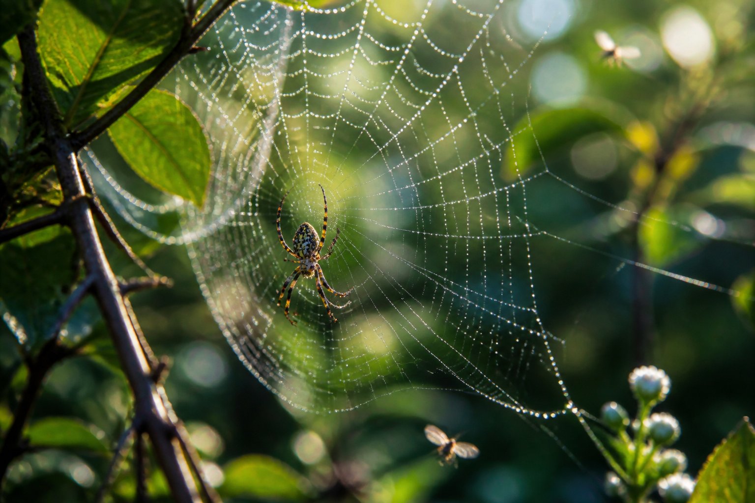 Close-up of a spider on a dew-covered web stretched between green leaves in a forest with sunlight filtering through the trees.