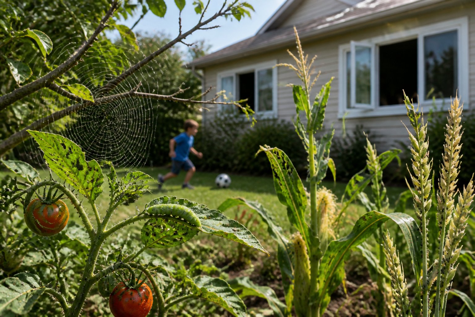 A suburban backyard garden with damaged crops and an empty spider web on a tree branch near a house where a child is playing.