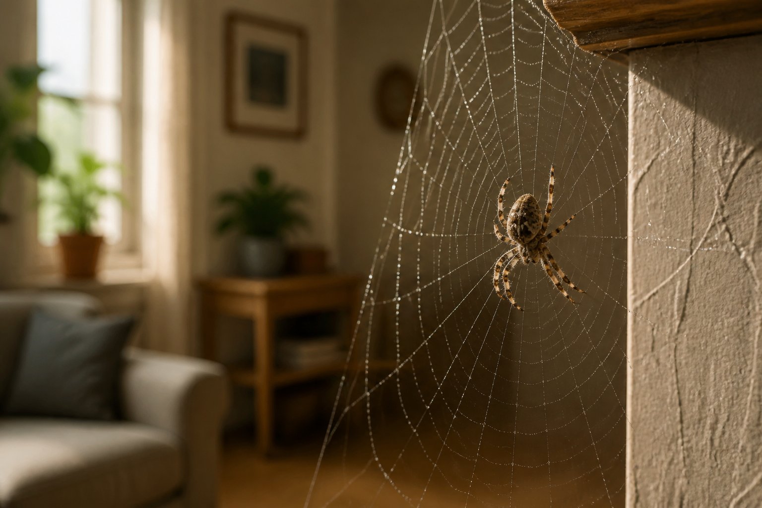 A close-up of a spider resting on its web in the corner of a softly lit room.