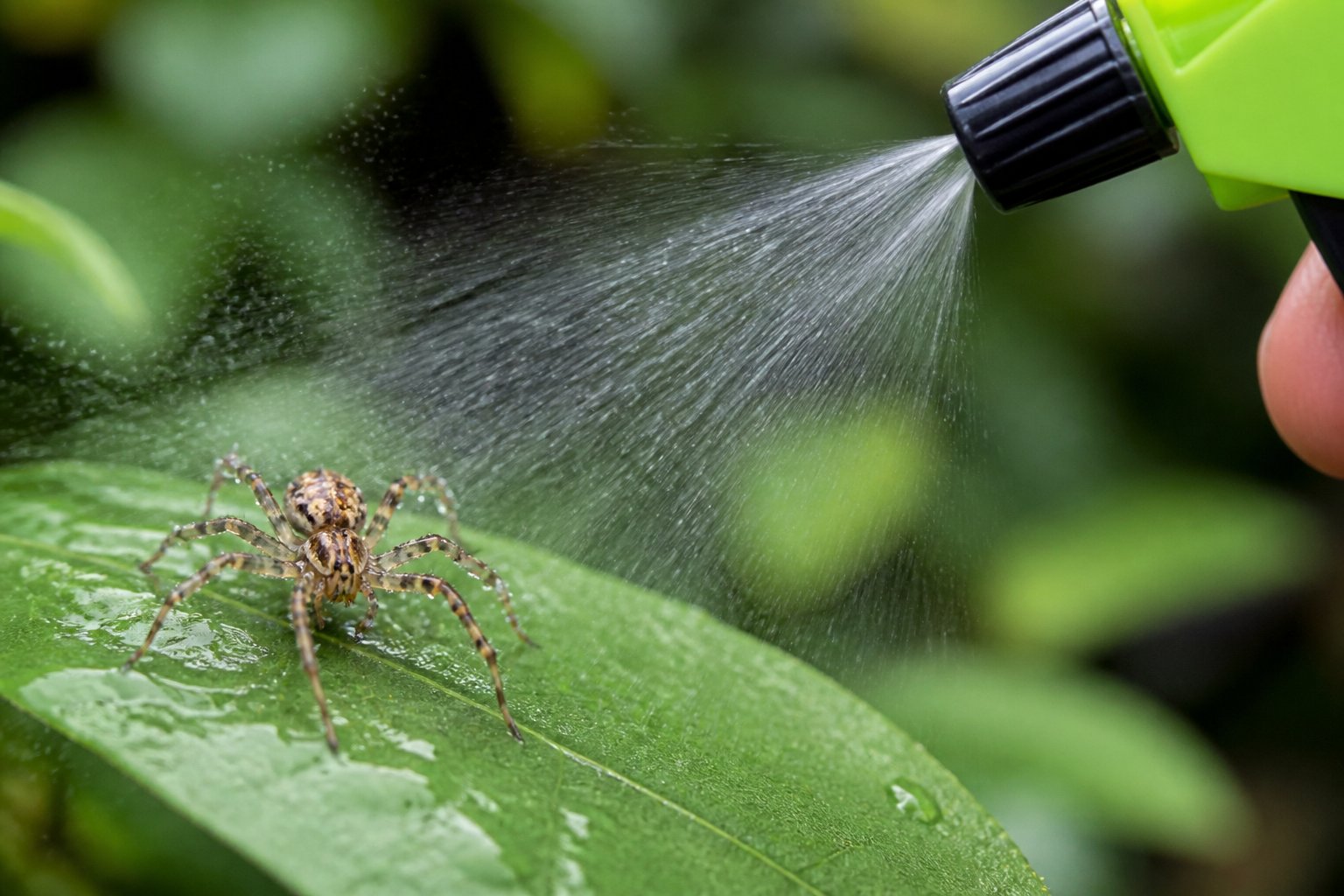 A small spider on a green leaf being sprayed with water from a spray bottle.