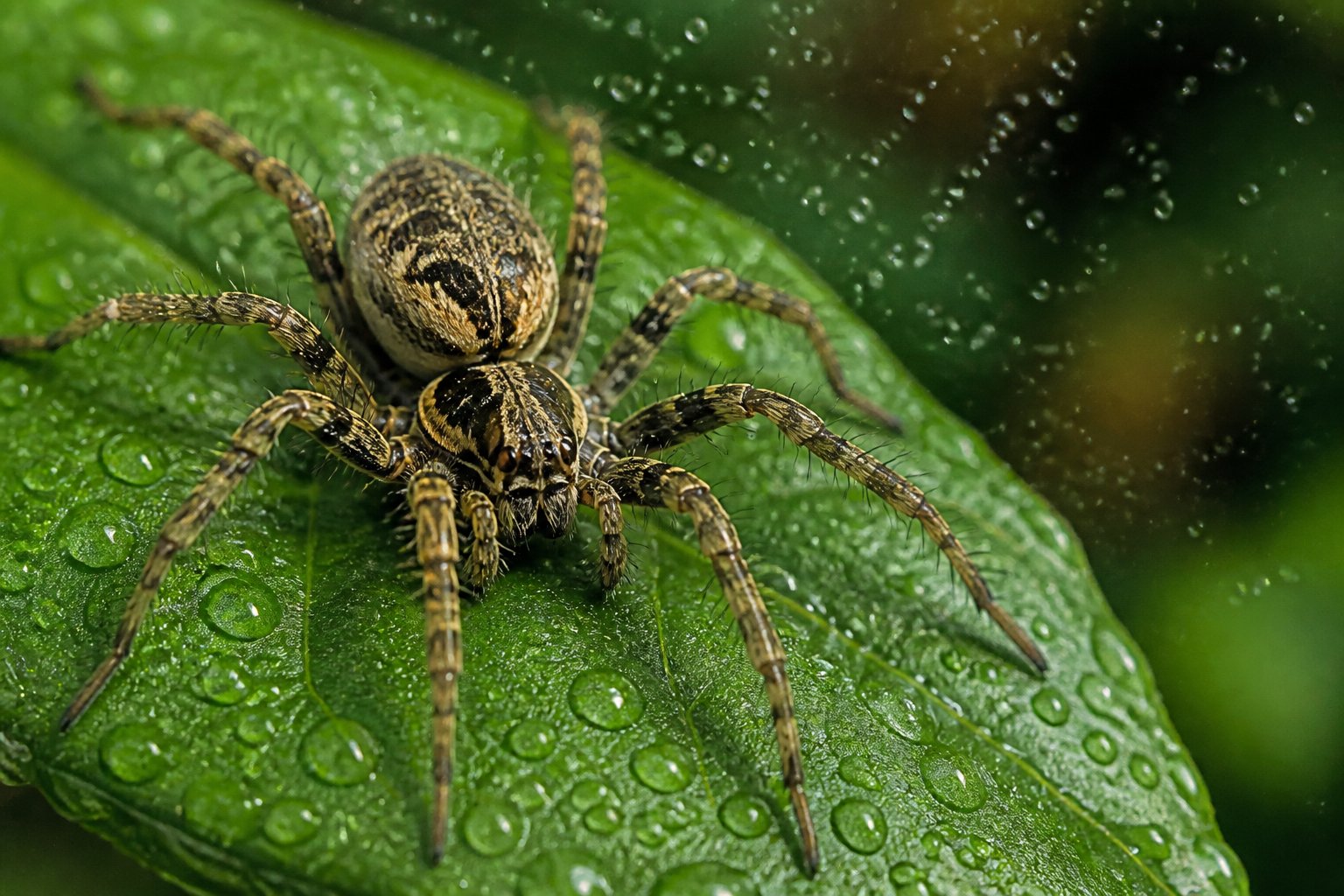 Close-up of a spider on a green leaf with water droplets around it in a natural setting.
