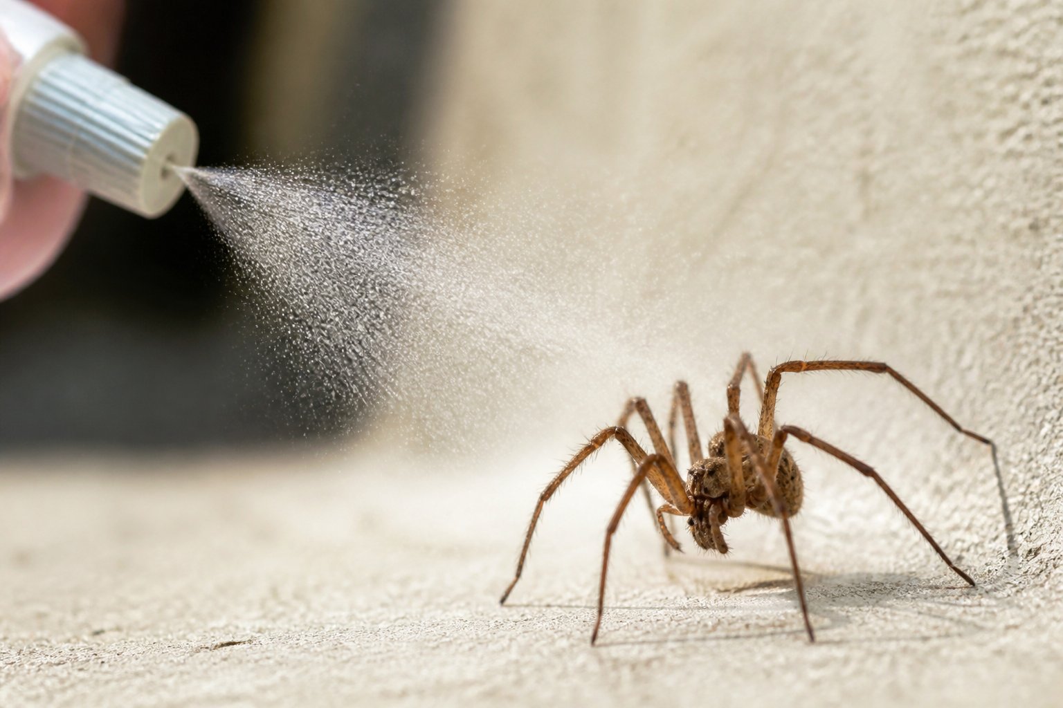 Close-up of a spider on a leaf with spray droplets approaching it.