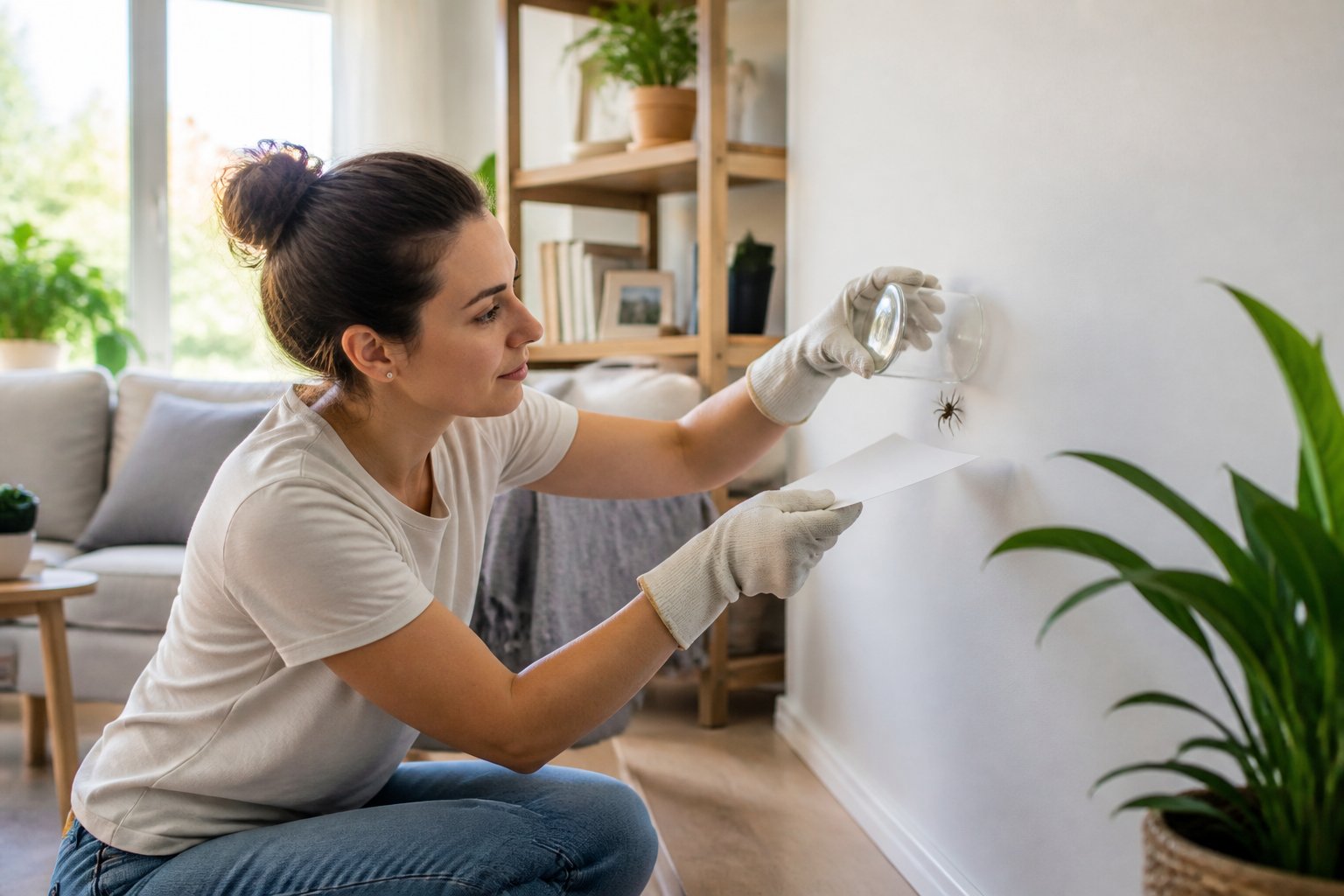 A person gently removing a small spider from a wall inside a bright, clean living room using a glass and paper.