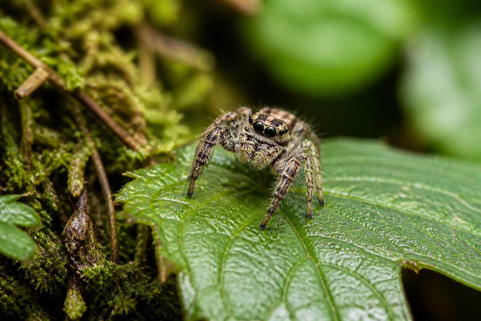 Close-up of a small jumping spider on a green leaf in a natural outdoor setting.