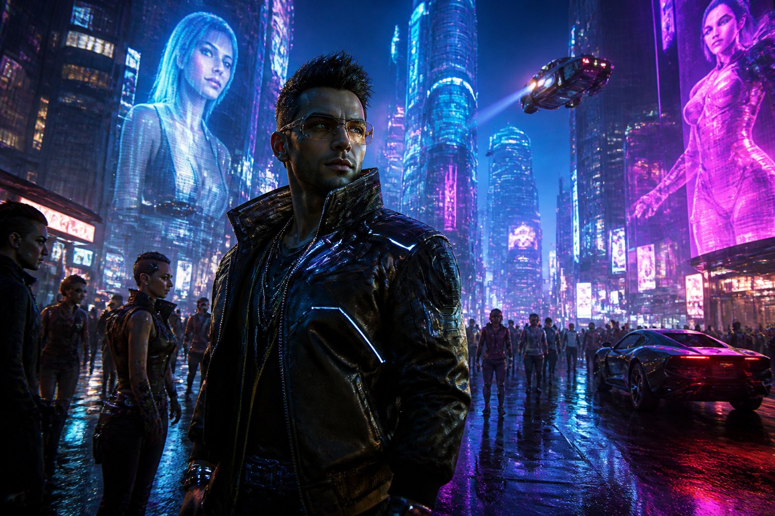 A futuristic neon-lit city street at night with a person wearing a leather jacket and augmented glasses standing among a crowd of people and tall buildings.