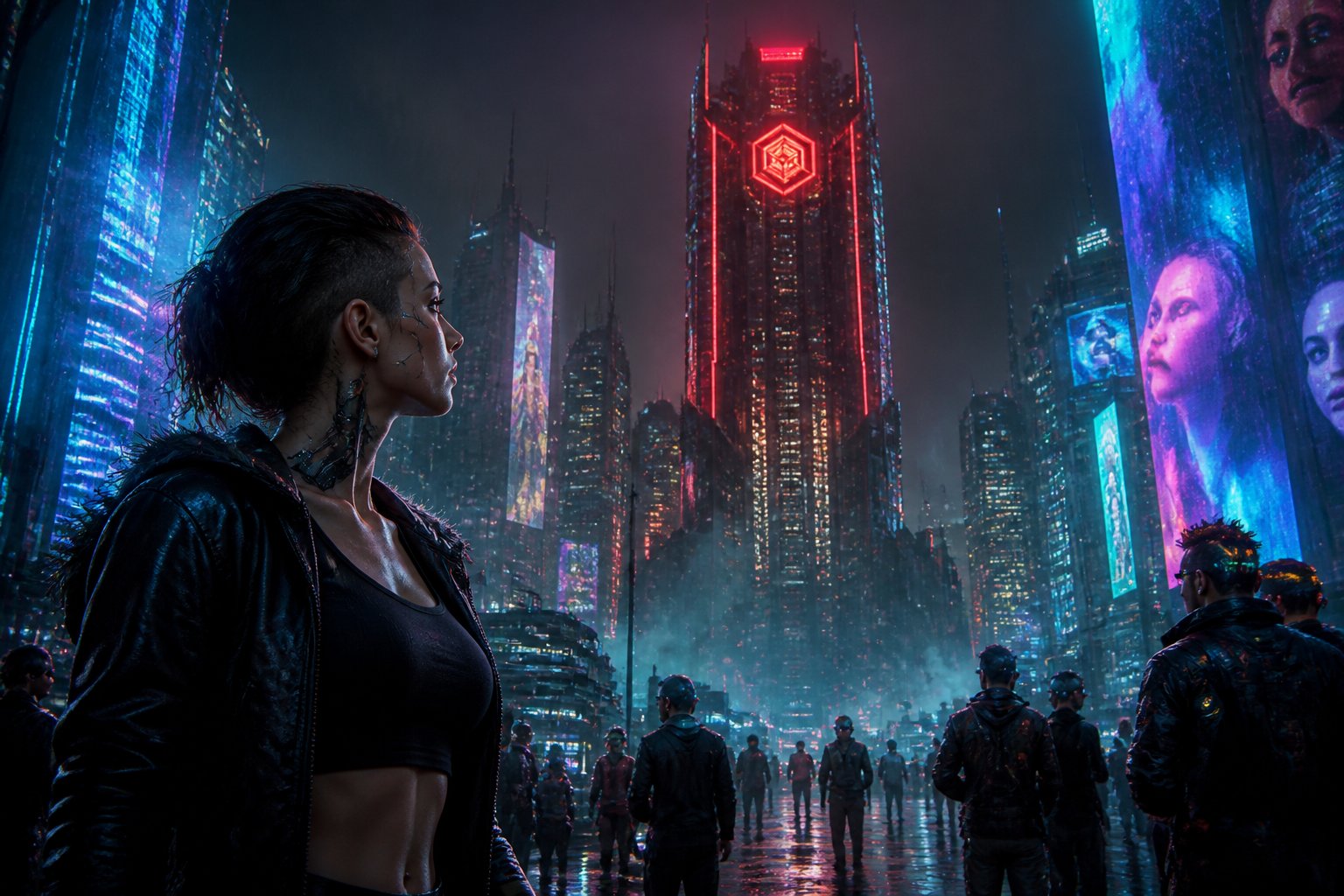 A young woman in cyberpunk clothing stands on a rainy city street at night, looking toward a tall, neon-lit skyscraper surrounded by glowing signs and futuristic buildings.