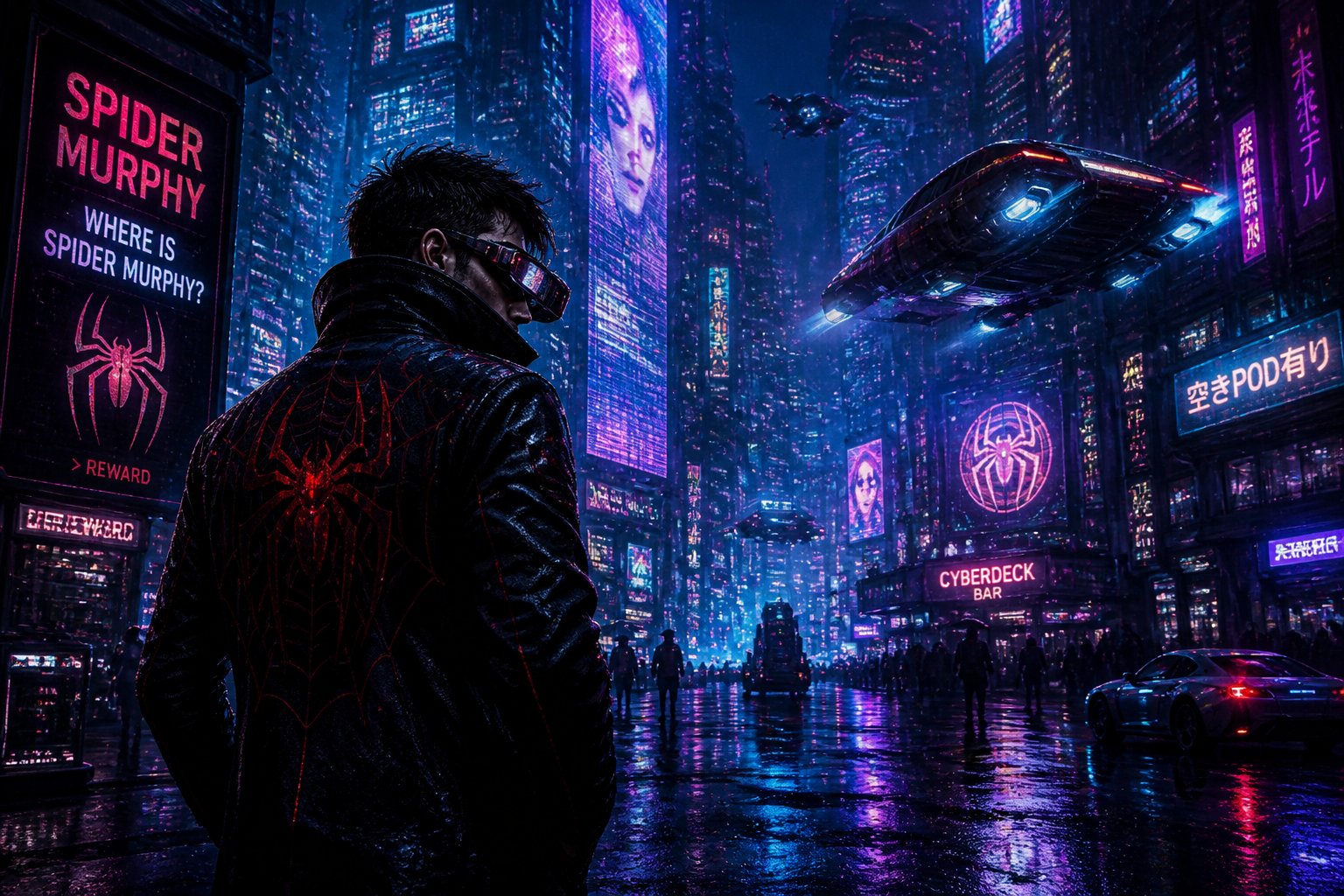 A person wearing a leather jacket and high-tech glasses stands on a rainy street in a neon-lit futuristic city at night.