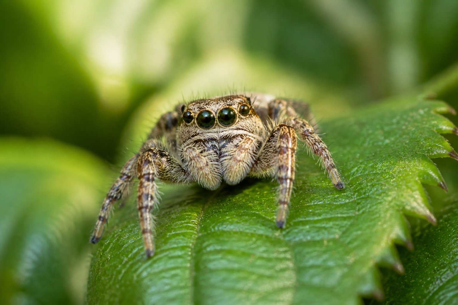Close-up of a small jumping spider on a green leaf in a natural outdoor setting.