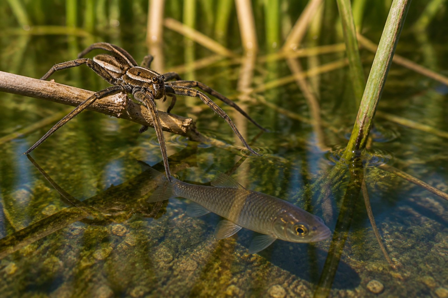 A spider sitting on a branch over clear water with a small fish swimming nearby beneath the surface.