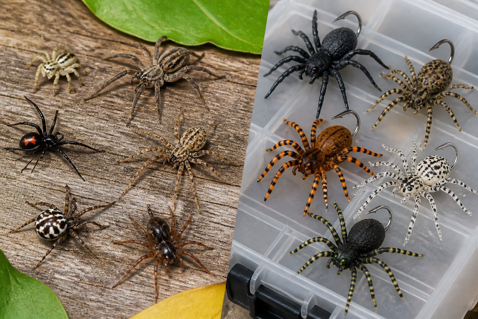 Close-up view of real spiders and spider-shaped fishing lures arranged side by side on a natural surface.
