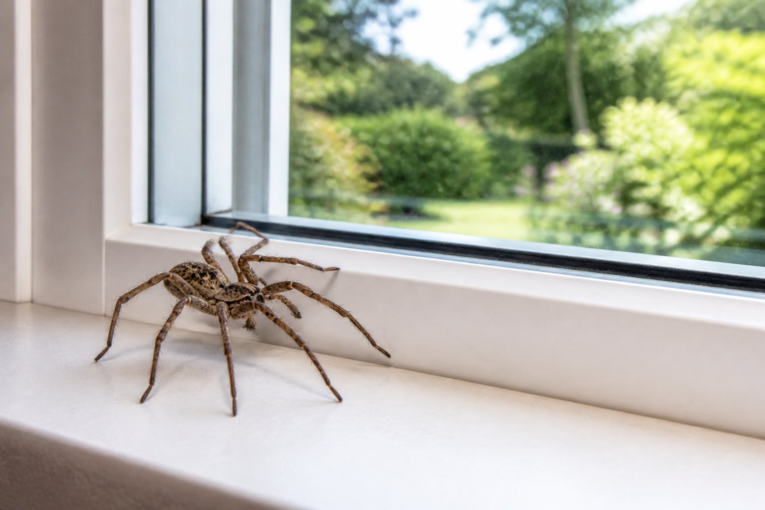 A house spider sitting on the edge of a window sill inside a home with a garden visible outside.
