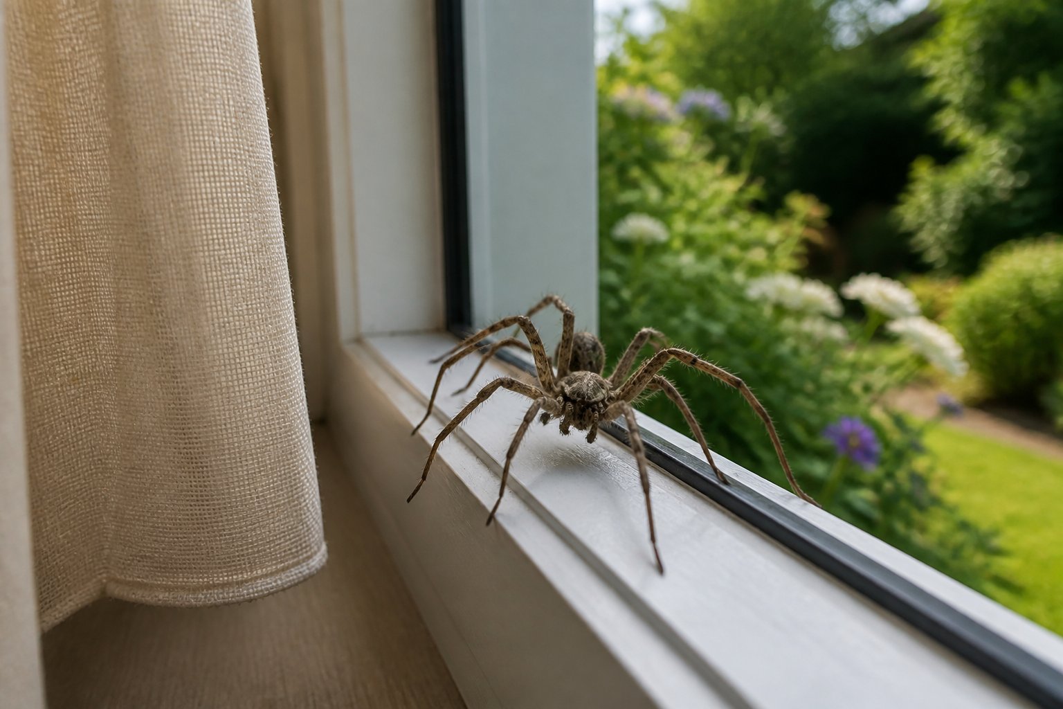 A close-up of a spider on a window sill, with a cozy indoor room on one side and a green garden outside on the other.