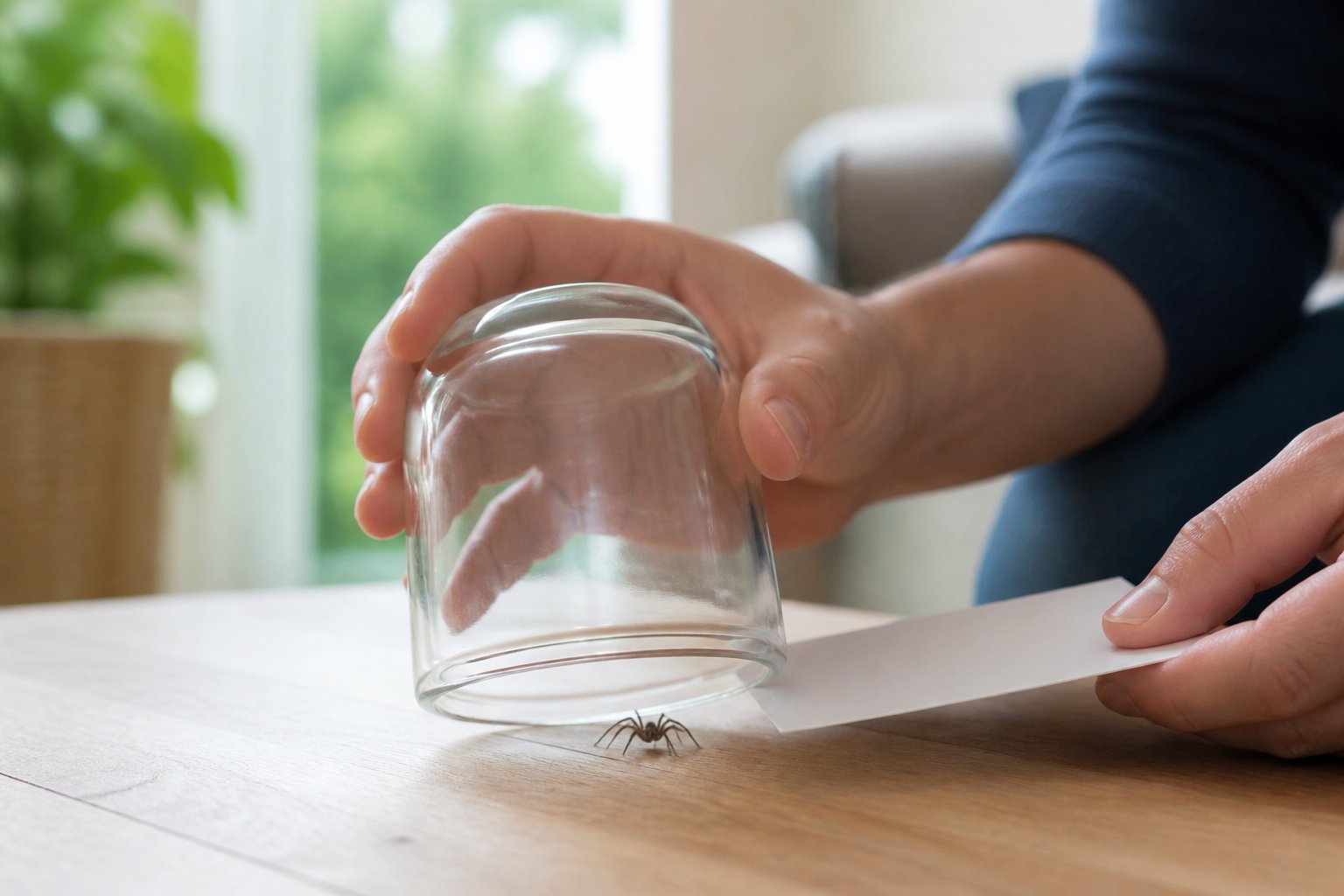 A person capturing a small spider indoors using a glass jar and paper on a wooden surface.