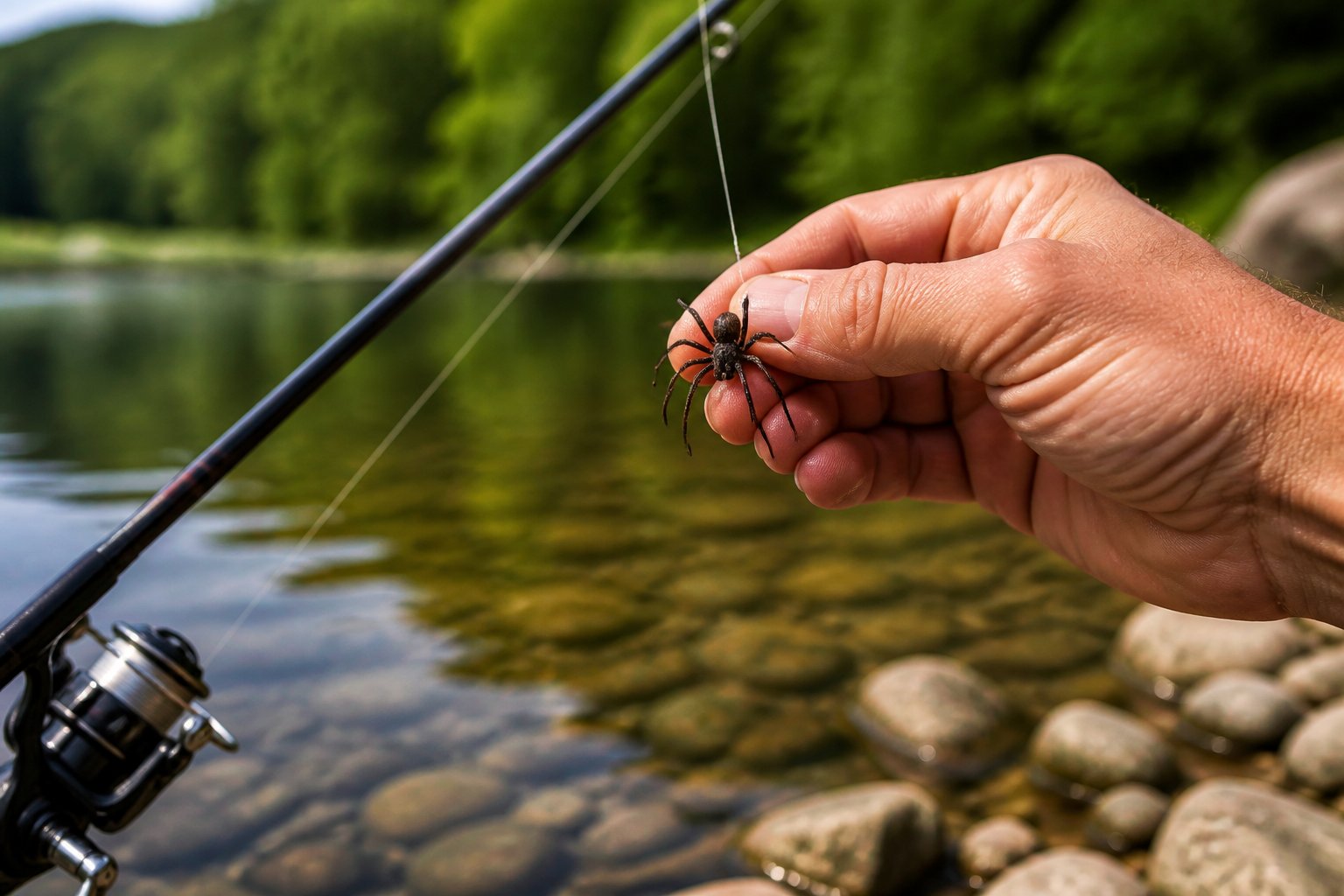 A close-up of a fisherman holding a small spider near the water while fishing, with fishing rod and natural surroundings in the background.