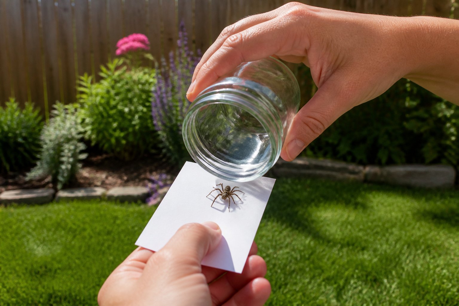 A hand gently capturing a spider with a glass jar and paper in a sunny backyard with green plants and a wooden fence.