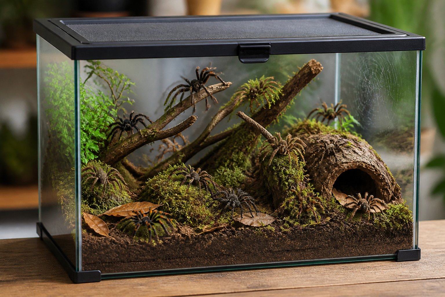 A glass terrarium with soil, moss, and branches containing several small spiders inside.