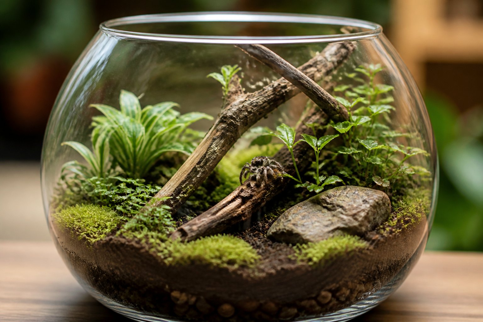 A terrarium containing soil, plants, branches, and a small spider inside.