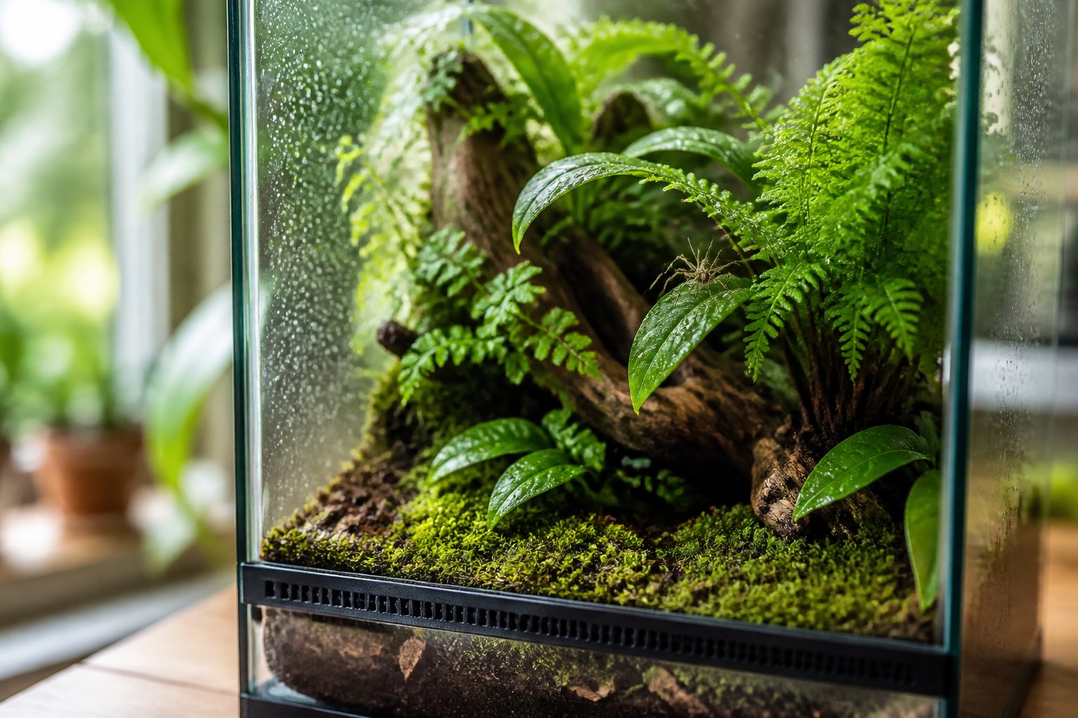 A clear glass terrarium containing green plants with moisture droplets and a small spider perched on a leaf inside.