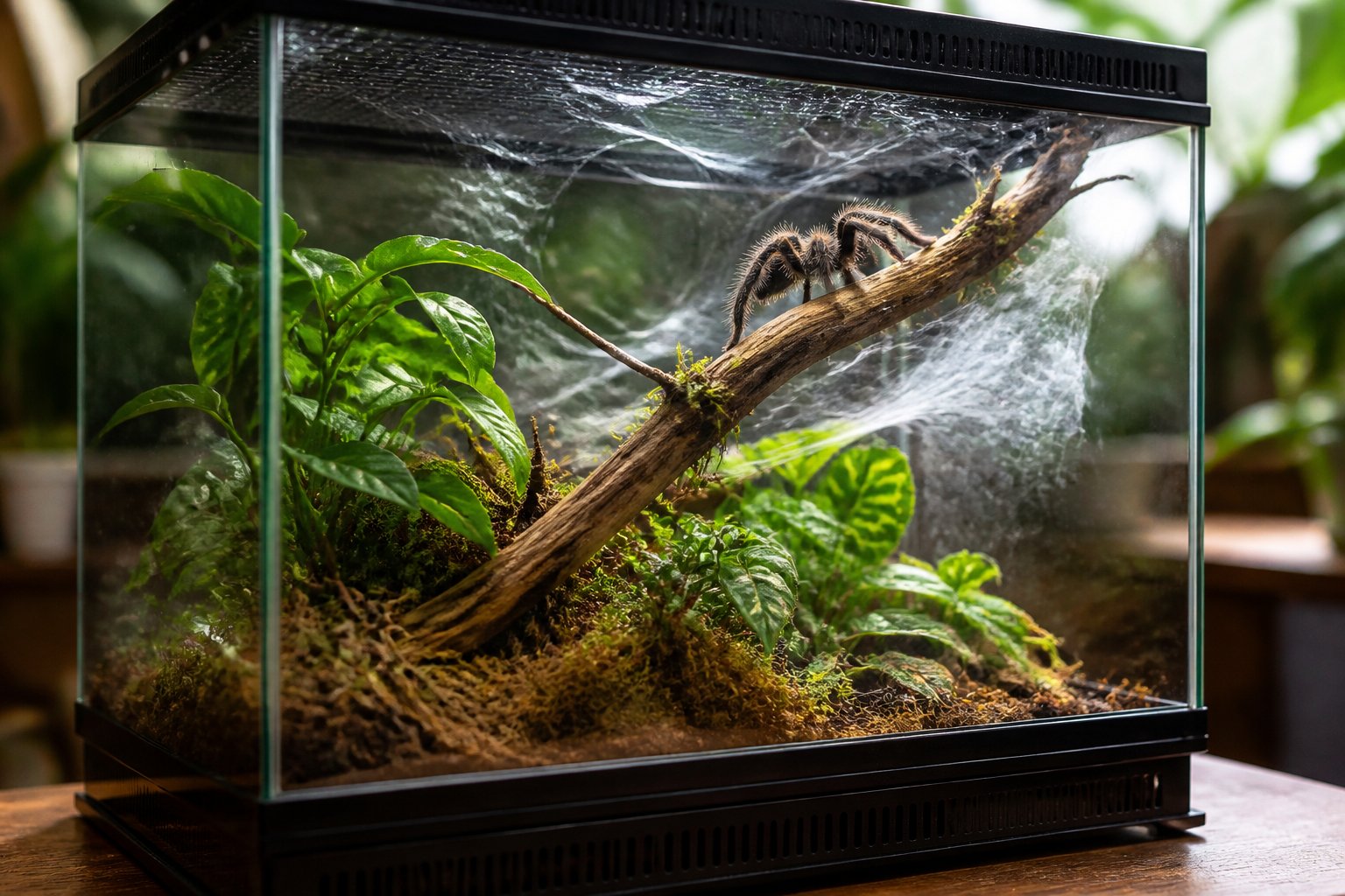 A clear glass terrarium containing natural plants and a large spider perched inside on a branch.
