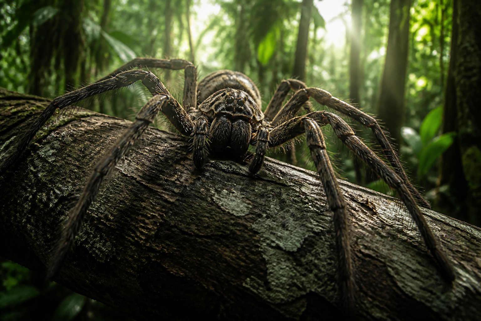 A giant spider sitting on a tree branch in a dense forest with green leaves and sunlight filtering through.