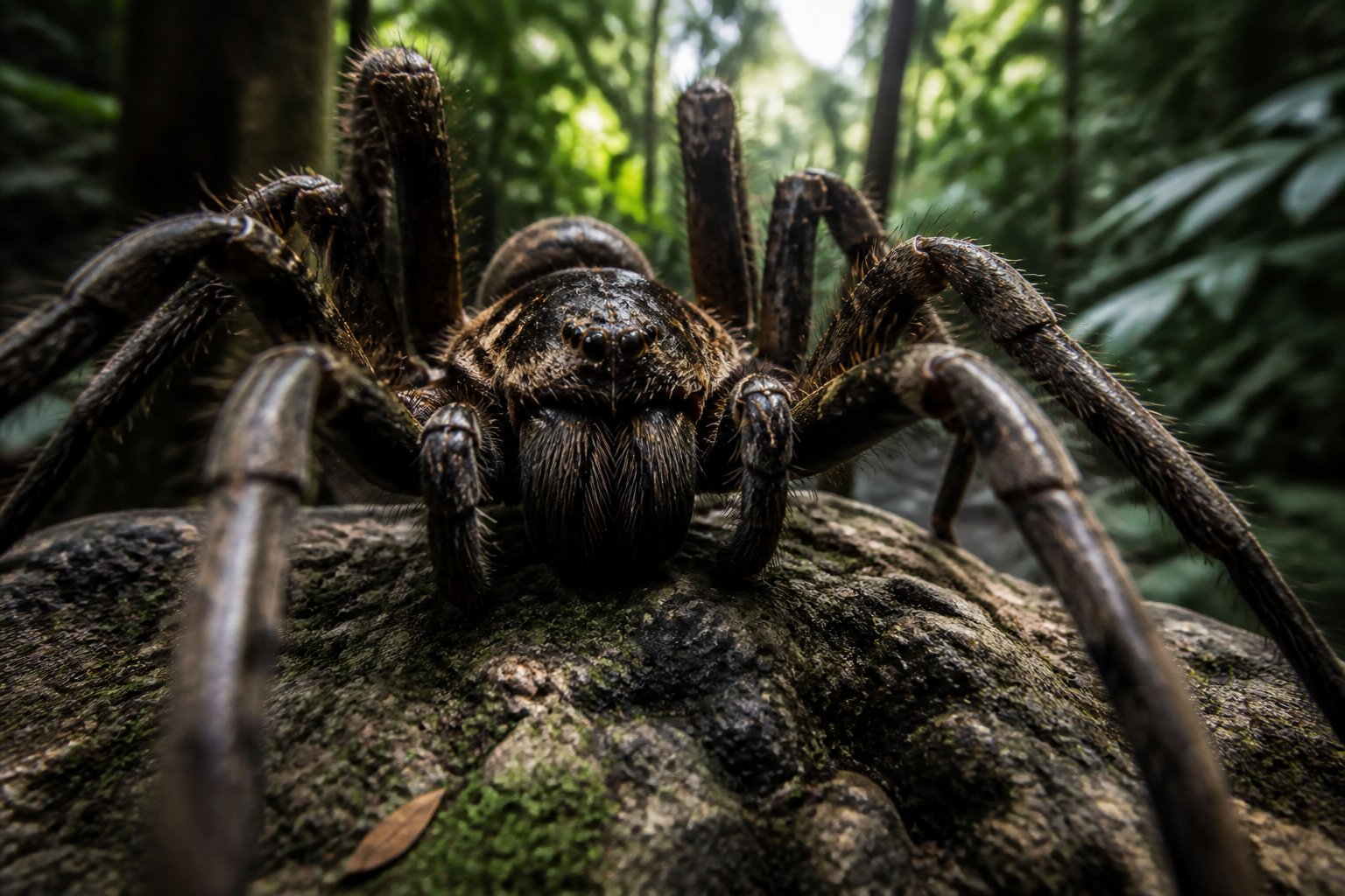 A large realistic spider sitting on a tree branch in a forest with green leaves and sunlight in the background.