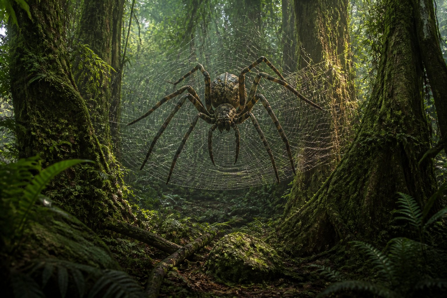 A giant spider on a large web in a dense prehistoric forest with tall trees and sunlight filtering through the leaves.
