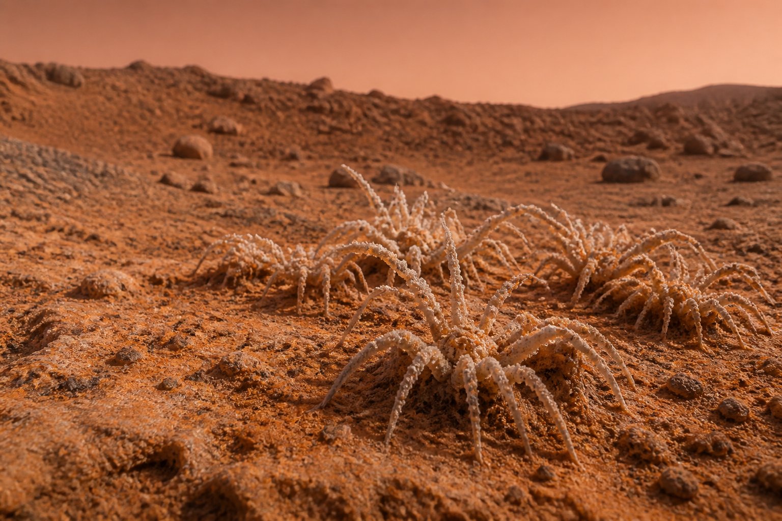 Close-up of spider-like mineral formations on a rocky Martian landscape under a reddish sky.
