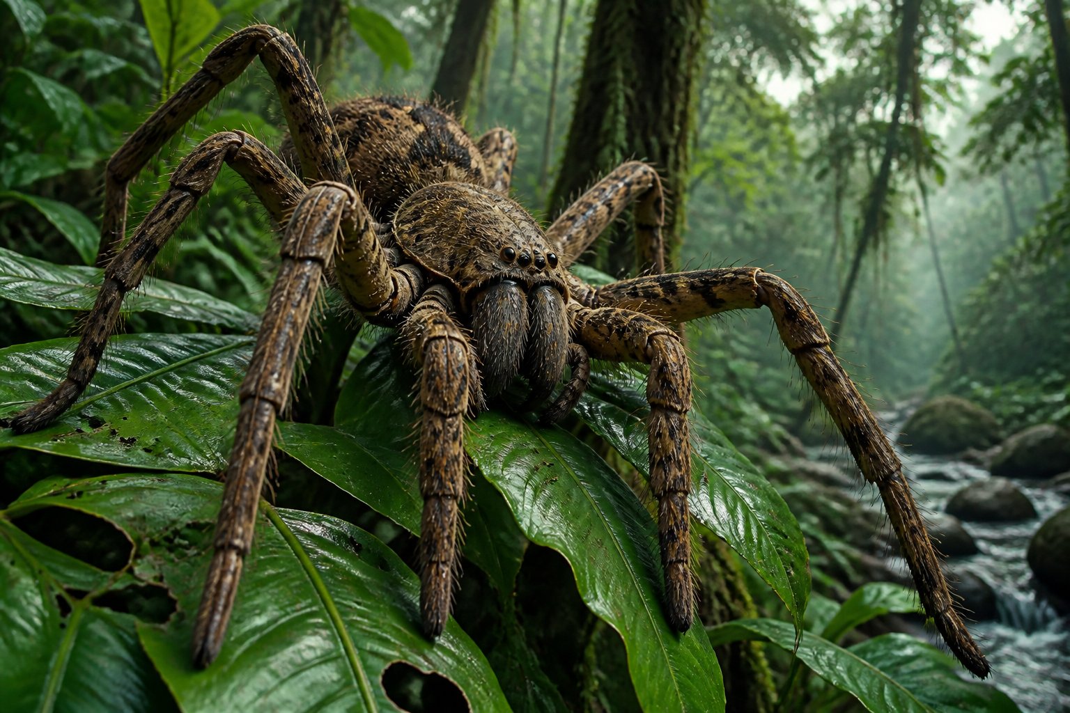 A large spider resting on green leaves and branches in a forest with sunlight filtering through the trees.