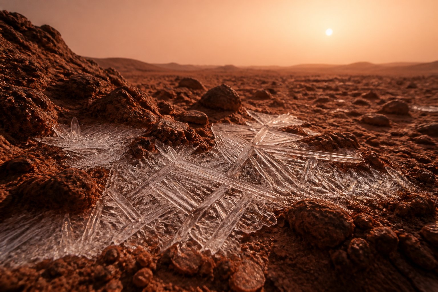 Close-up of carbon dioxide ice forming intricate patterns on the rocky surface of Mars under an orange sky.