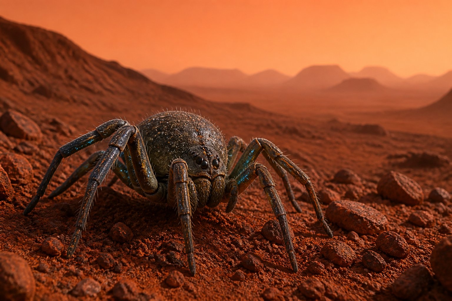 A close-up of a spider on rocky Martian terrain with mountains in the background under a reddish sky.