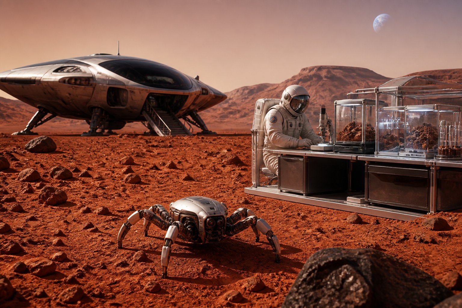 A spacecraft on the Martian surface with scientific equipment and a small spider-like robotic probe on the red soil.