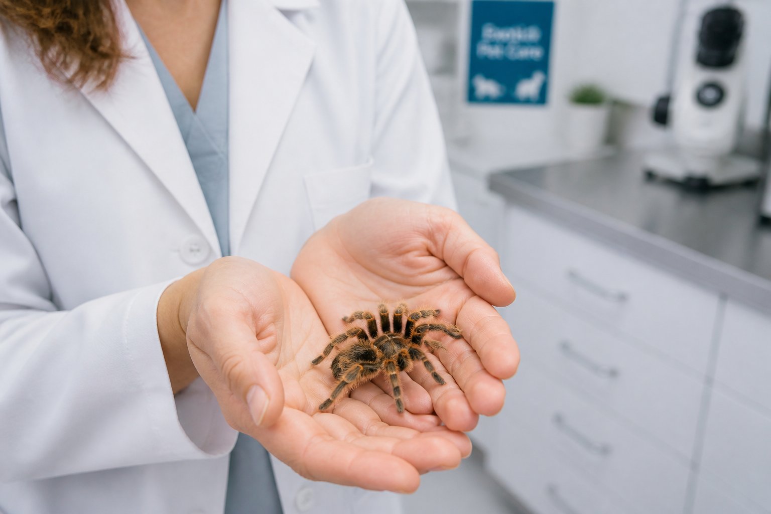 A person gently holding a small spider in their hands inside a veterinary clinic.