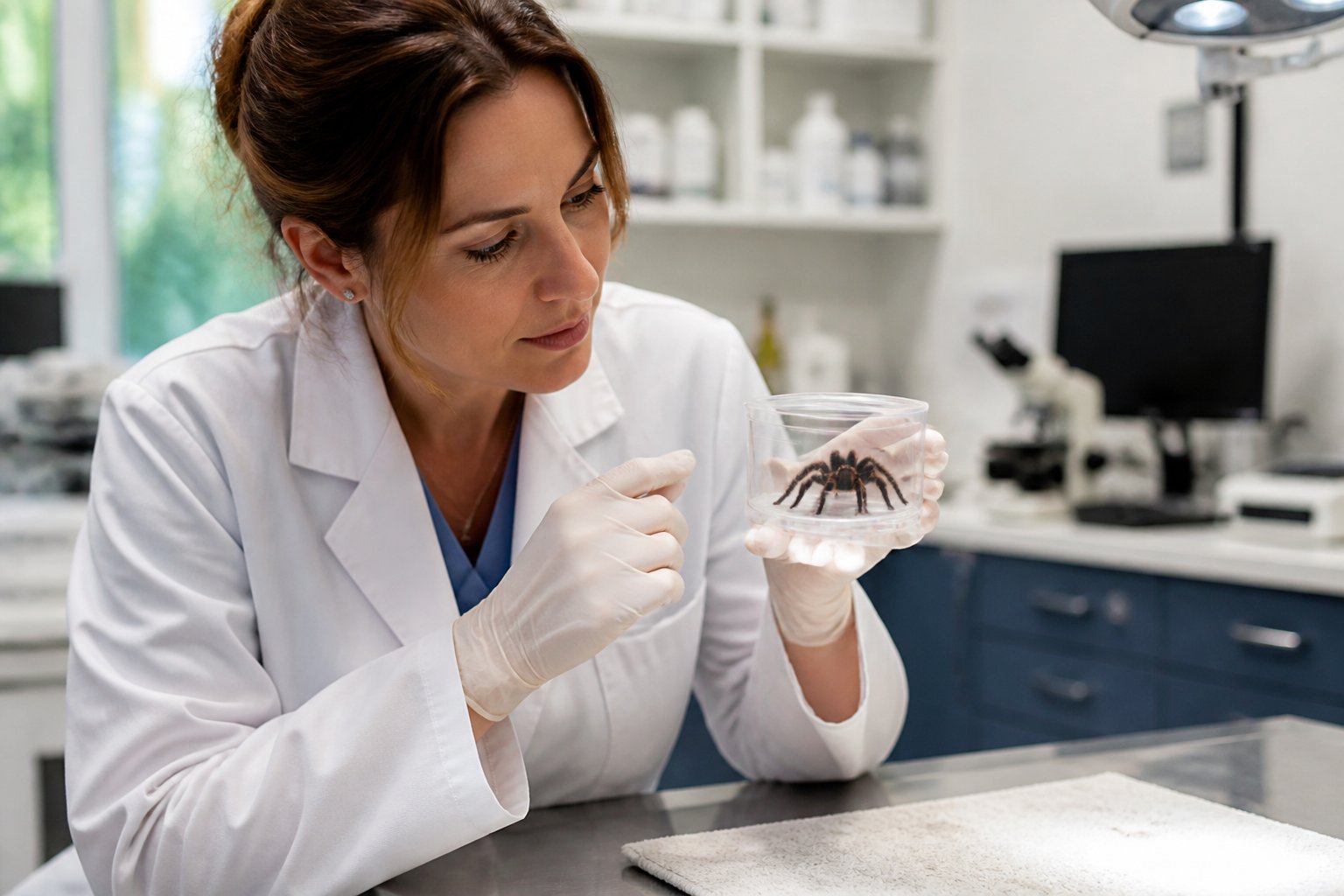 A veterinarian carefully holding a small spider in a clinic environment.