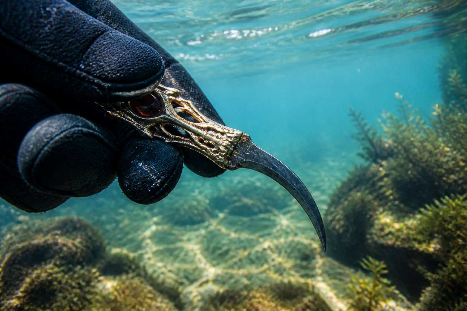 A close-up of a spider fang dagger held underwater with light filtering through clear water and aquatic plants in the background.